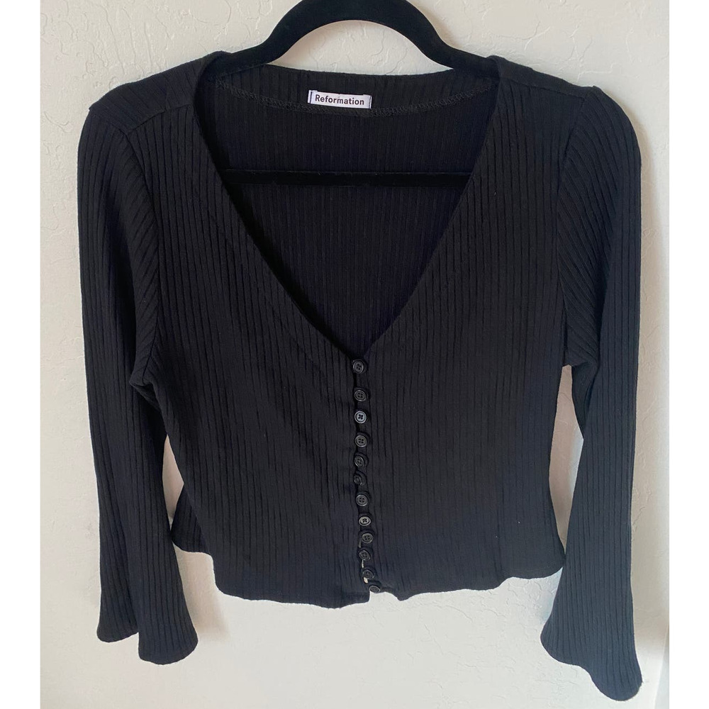 Reformation Black Gellar Ribbed Button Front Sweater 1X